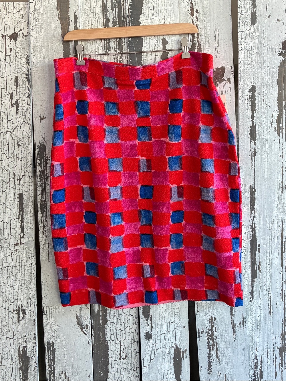 NWT Anthropologie Maeve Pink Blue Checkered Knit Pencil Skirt Size XL